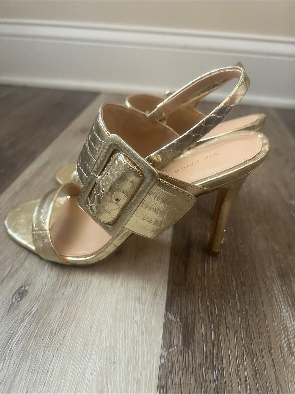 Via Spiga Gold Croc-Embossed Slingback Metallic Gold Heels with Buckle
